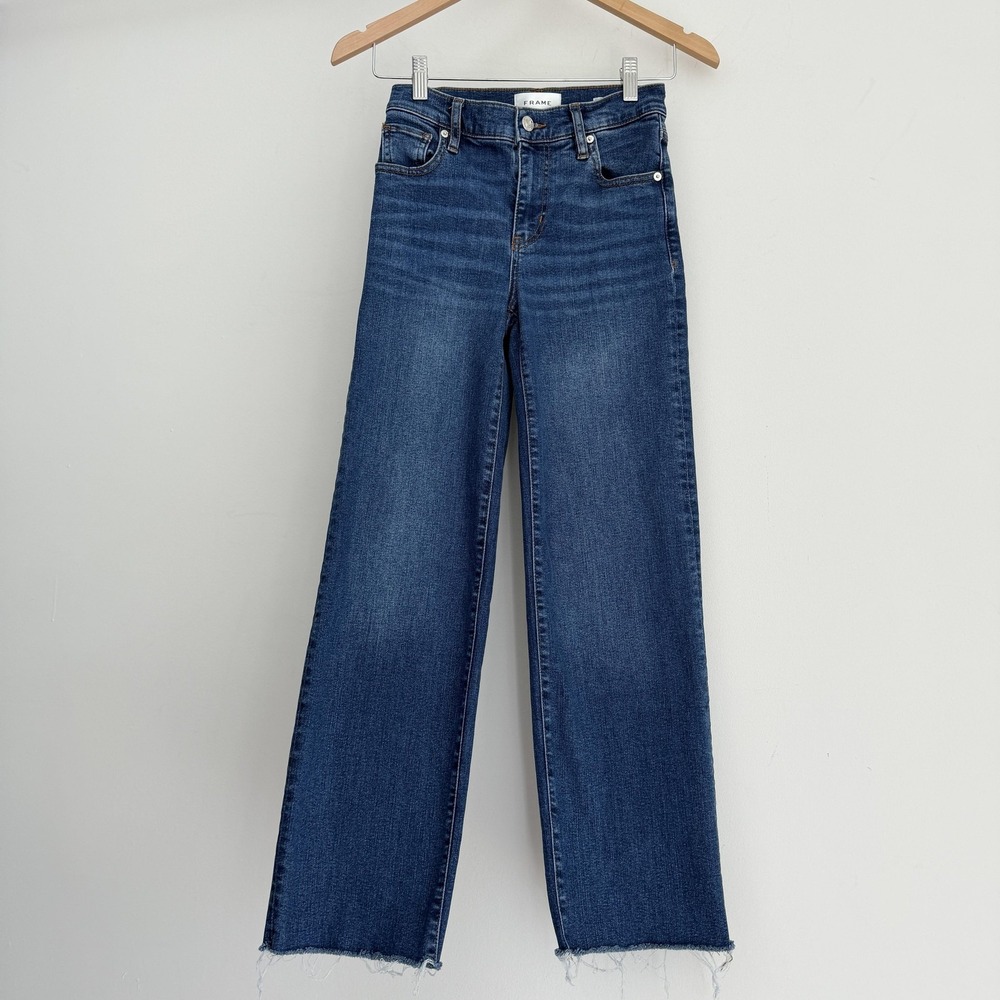 FRAME Jeans Womens 23 Blue The Mellow High Rise Wide Leg Raw Hem Cropped Denim